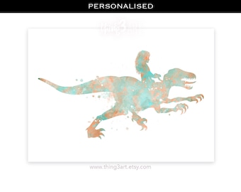Bambina che cavalca Velociraptor Pastello Arancione Teal Stampa ad acquerello - Stampe per ragazze e dinosauri - Poster di dinosauri - Decorazioni per la cameretta delle ragazze