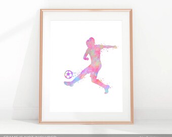Impresión artística de una jugadora de fútbol en acuarela: decoración para habitación deportiva