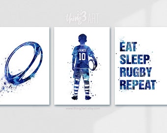 Personalised Rugby Prints for Boys, Set of 3 Prints, Boy Rugby Player Watercolour Art Print, Rugby Print, Rugby Room Decor, Sports Room Art