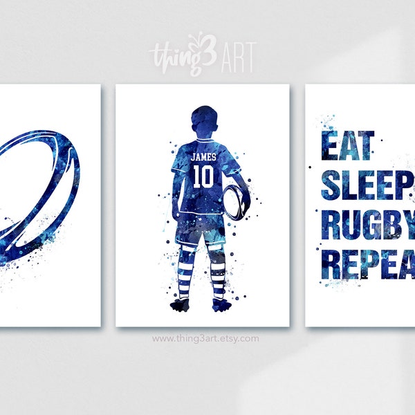Impressions personnalisées de rugby pour garçons, lot de 3 impressions, impression d'art aquarelle de joueur de rugby garçon, impression de rugby, décoration de chambre de rugby, art de salle de sport