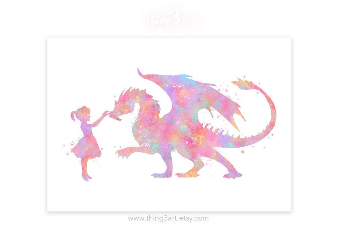 Pastel Rainbow Dragon Art Print: Girl and Dragon Watercolor, Nursery ...