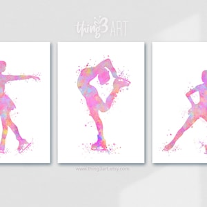 Figure Skating Watercolour Art - Set of 3 Prints, Pink Ice Skating Watercolour Poster , Gift for Daughter, Ice Skating Art, Ice Skating Gift
