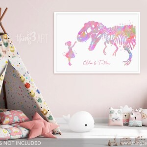 Personalised Little Girl and T-Rex Pastel Rainbow Watercolour Print Girl and Dinosaur Prints Dinosaur Poster Girls Room Decor image 3