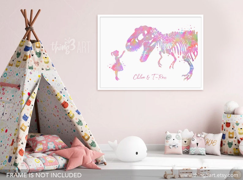 Personalised Little Girl and T-Rex Pastel Rainbow Watercolour Print Girl and Dinosaur Prints Dinosaur Poster Girls Room Decor image 3