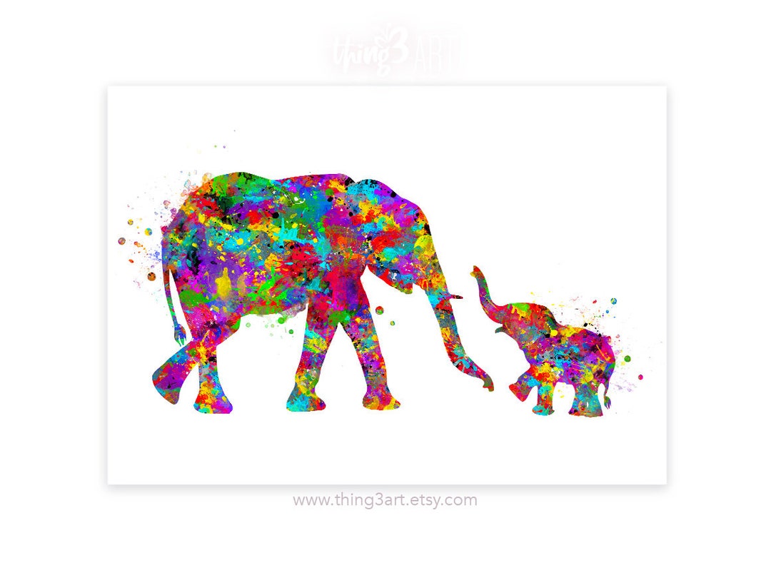 Elephant Mother and Baby Watercolour Art Print Elephant Family