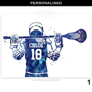 Spersonalizowane nadruki Lacrosse dla dziewcząt - Akwarela przedstawiająca zawodniczkę Lacrosse - Nadruk Lacrosse - Wystrój sali sportowej - Wystrój artystyczny Lacrosse