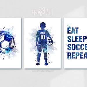 Personalised Soccer Prints for Boys, Set of 3 Prints, Boy Soccer Player Watercolour Art Print, Soccer Print, Soccer Room Decor