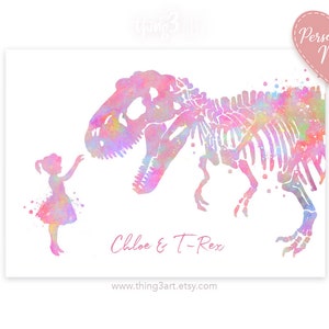 Personalised Little Girl and T-Rex Pastel Rainbow Watercolour Print Girl and Dinosaur Prints Dinosaur Poster Girls Room Decor image 1