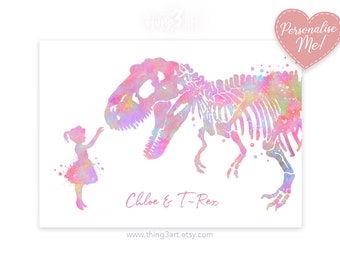 Personalised Little Girl and T-Rex Pastel Rainbow Watercolour Print - Girl and Dinosaur Prints - Dinosaur Poster - Girls Room Decor