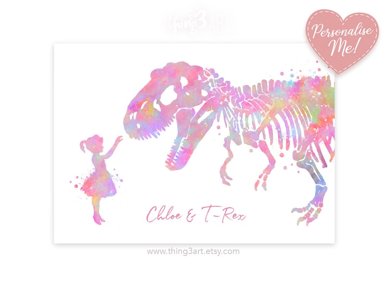 Personalised Little Girl and T-Rex Pastel Rainbow Watercolour Print Girl and Dinosaur Prints Dinosaur Poster Girls Room Decor image 1