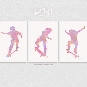 Skateboarder Girl Watercolour Art Print - Set of 3 - Skater Girl Art - Skateboard Wall Art - Skateboarding Art - Skateboard Art