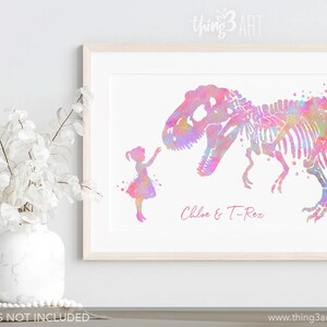 Personalised Little Girl and T-Rex Pastel Rainbow Watercolour Print Girl and Dinosaur Prints Dinosaur Poster Girls Room Decor image 2