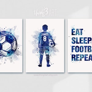 Personalised Soccer Prints for Boys, Set of 3 Prints, Boy Soccer Player Watercolour Art Print, Football Print, Football Room Decor