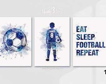 Personalised Soccer Prints for Boys, Set of 3 Prints, Boy Soccer Player Watercolour Art Print, Football Print, Football Room Decor