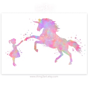 Unicorn and Girl Watercolor Art Print: Nursery Decor