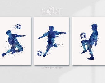 Fußball Spieler Aquarell Kunst - 3er Set Drucke - Junge Fußball Aquarell Poster - Fußball Kunst - Sport Raum Wandkunst - Geschenk für Jungen