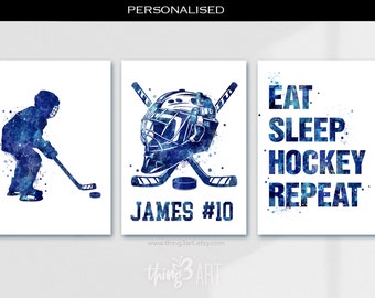 Personalised Ice Hockey Prints for Boys, Set of 3 Prints, Ice Hockey Watercolour Art Print, Ice Hockey Print,  Sports Room Art