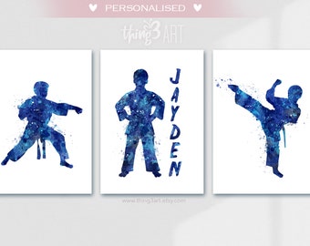 Personalisierte Taekwondo Junge Aquarell Art Print - 3er Set Drucke - Taekwondo Martial Arts Poster-Martial Arts Print - Boys Room Decor