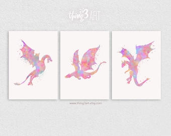Pastel Dragon Watercolor Art Prints - Set of 3 - Nursery Decor