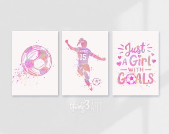 Láminas artísticas personalizadas de acuarela de fútbol femenino - Juego de 3