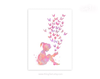 Girl Reading Art Print: Watercolor Butterflies, Girl's Room Decor