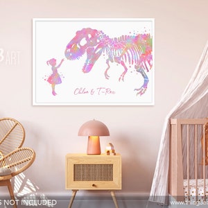 Personalised Little Girl and T-Rex Pastel Rainbow Watercolour Print Girl and Dinosaur Prints Dinosaur Poster Girls Room Decor image 4