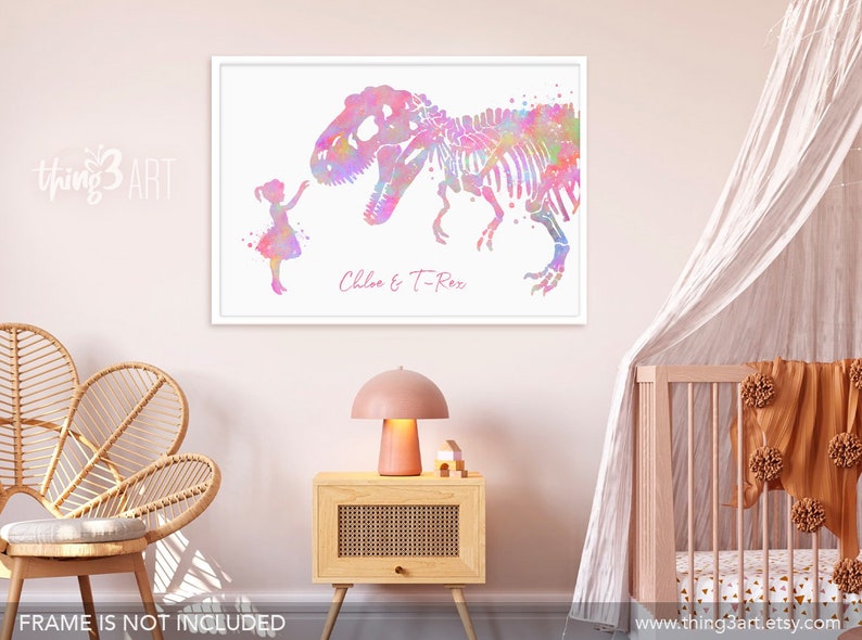 Personalised Little Girl and T-Rex Pastel Rainbow Watercolour Print Girl and Dinosaur Prints Dinosaur Poster Girls Room Decor image 4