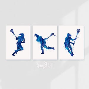 Láminas artísticas de acuarela de lacrosse: juego de 3 láminas: póster de acuarela de lacrosse azul marino, regalo para hija, arte de lacrosse, lacrosse femenino