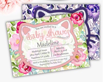 Floral Kitty Baby Shower Invitation, Girl Baby Shower Invitation, Floral Baby Shower, Cat Invitation, Hello Baby Girl, DIGITAL FILE Q7