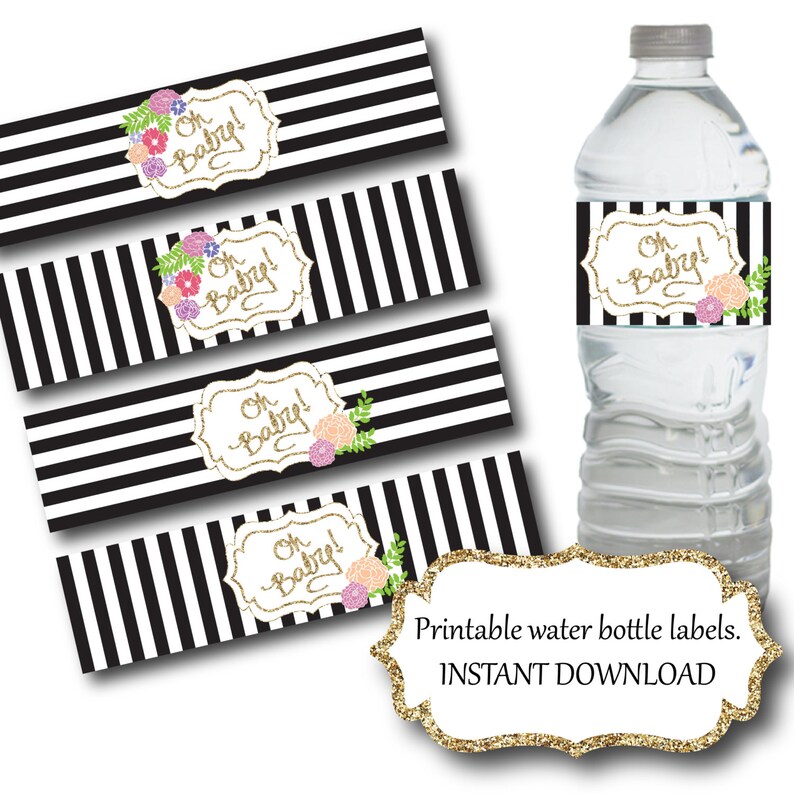 Printable Dessert Table Cards Instant Download F1 Black and White Striped Food Tents Printable Floral Food Labels Gold Glitter Food Tents