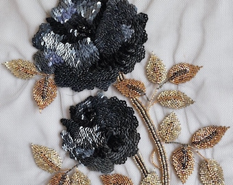 Hand-made black sequined rose with brilliant gold leaves