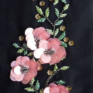 Hand-made motif with pink sequins flowers and beaded leaves
