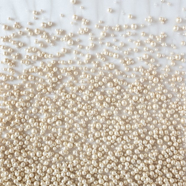 Beaded Bridal Tulle | Hand embroidered fabric with a luxurious border of pearls