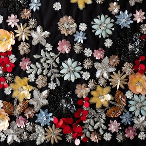 Beaded Couture Tulle | Prismatic floral embroidery on black tulle
