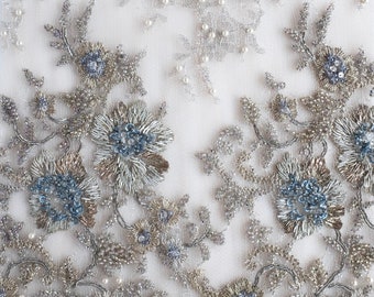 Couture French Lace | Silver Metallic Lace embroidered with a vintage feel and tiny accents of blue