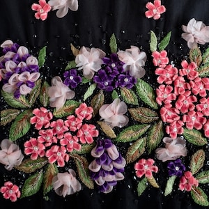 Beaded Couture Tulle | Velvet and Organza Appliqué flowers embroidered on a black tulle