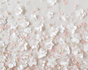 Beaded Wedding Tulle | Twisted flowers embroidered with playful whimsy on a honeycomb tulle