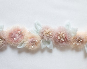 Couture Trim | Handcrafted trim with pleated tule flowers in pastel hues