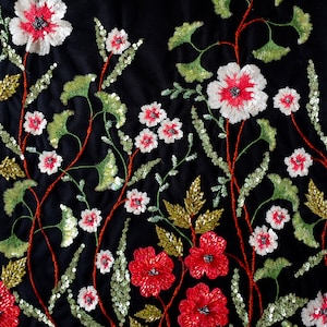 Beaded Couture Tulle | Embroidery in lush coral and greens on black tulle
