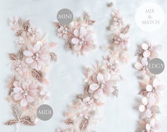 Appliqué Ensemble | Mix & Match | Appliques with flowers of pearls, crystals and petals wrapped in organza