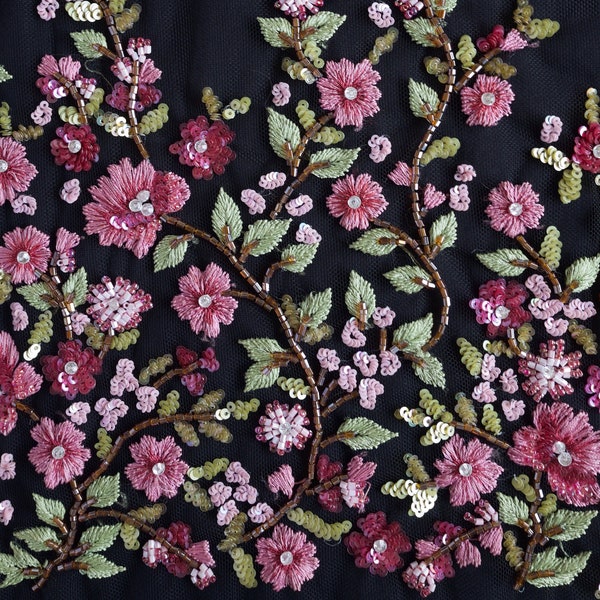 Haute Couture Fabric | Hand beaded bloom of mulberry colored flowers on black tulle