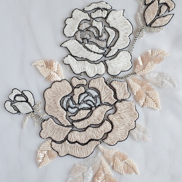 Hand Embroidered Motif | Beaded rose appliqué with sumptuous thread-work in the art nouveau style