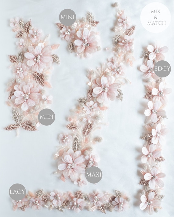 Appliqué Ensemble | Mix & Match | Appliques with flowers of pearls, crystals and petals wrapped in organza