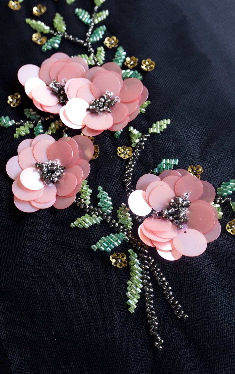 Hand-made motif with pink sequins flowers and beaded leaves image 3