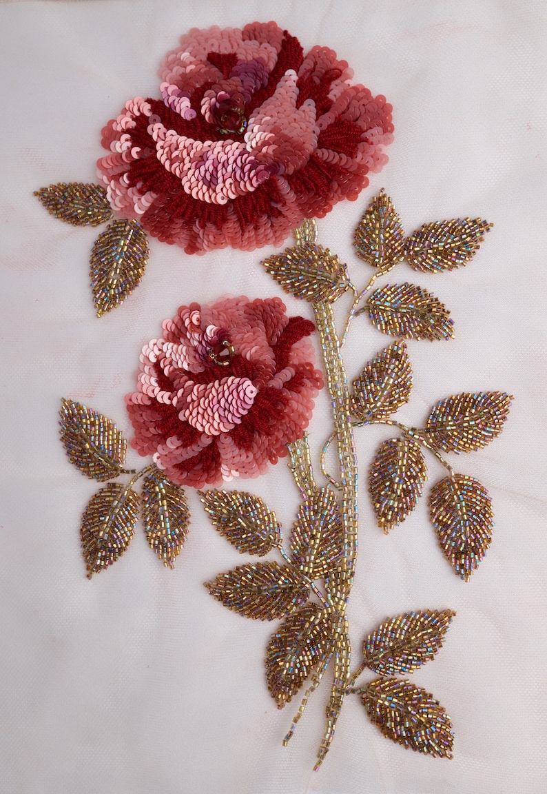 Hand-made motif of a sequined rose with brilliantly iridiscent leaves image 1