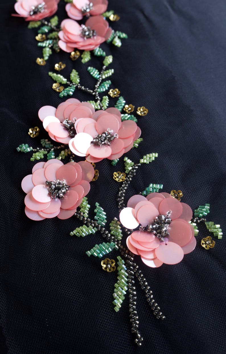 Hand-made motif with pink sequins flowers and beaded leaves image 2