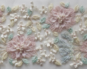 Hand-made trim with applique organza and satin flowers