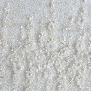 Wedding Dress Fabric | Ribbon flowers and crystal beads in off white
