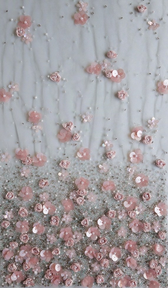 Haute Couture fabric | Hand embroidered ribbon and sequin flowers on tule