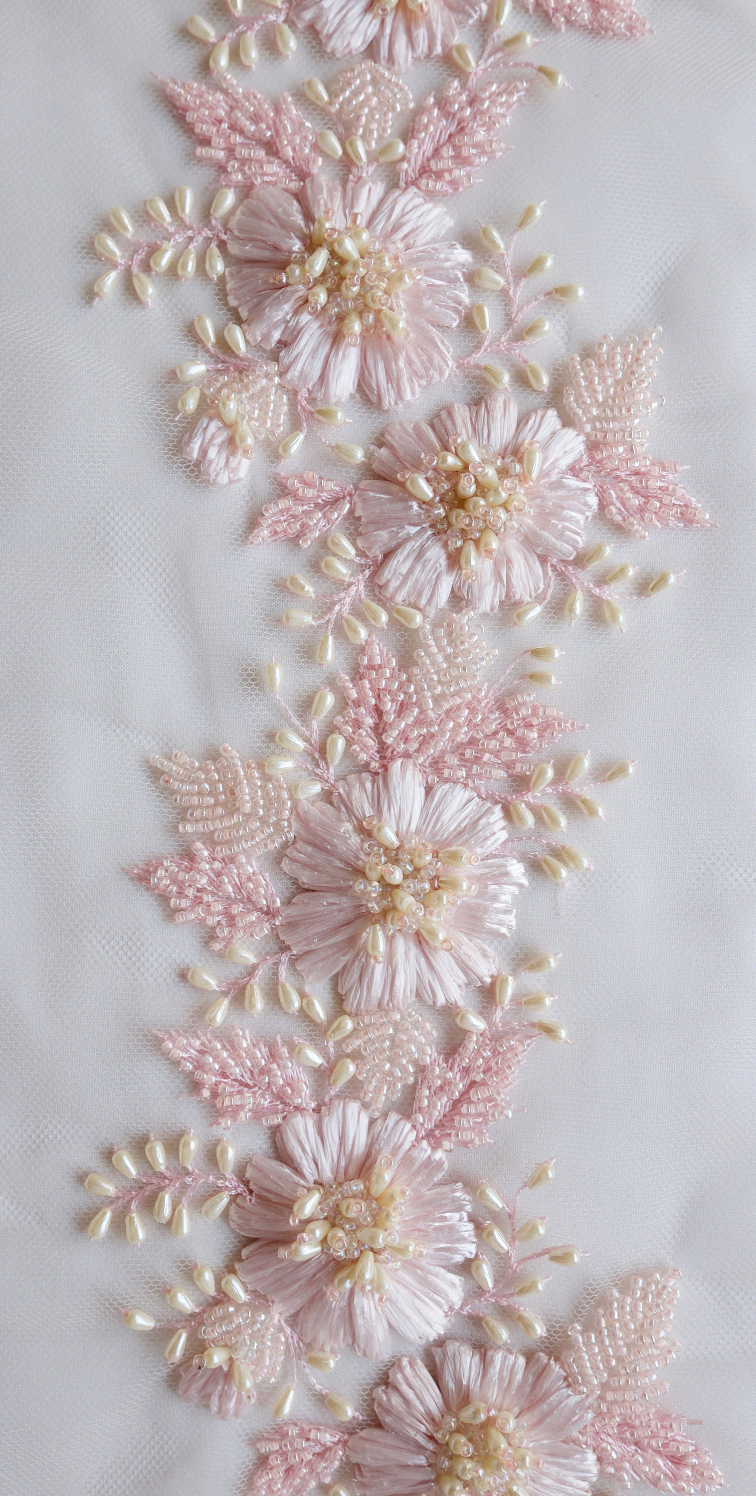 Hand embroidered Trim With Pink Raffia Flowers and Drop shaped Pearls Etsy Hong Kong